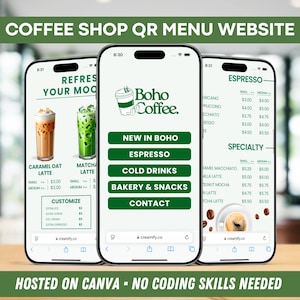 Plantilla de sitio web de menú de cafetería con código QR personalizable / Diseño de menú digital compatible con dispositivos móviles para bebidas, refrigerios, ofertas y actualizaciones sencillas