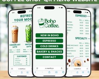 Plantilla de menú de cafetería personalizable con código QR (Canva)