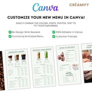 Puede incluir: Una plantilla de men&uacute; de cafeter&iacute;a personalizable dise&ntilde;ada en Canva. El men&uacute; presenta una variedad de bebidas de caf&eacute;, que incluyen espresso, lattes y caf&eacute; fr&iacute;o, as&iacute; como pasteles y bocadillos. La plantilla es totalmente editable, lo que permite a los usuarios cambiar los colores, las fuentes, las fotos y el texto para que se ajusten a su propia marca.