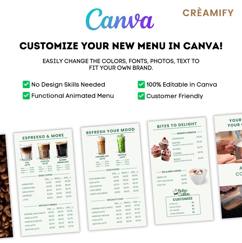 Puede incluir: Una plantilla de men&uacute; de cafeter&iacute;a personalizable dise&ntilde;ada en Canva. El men&uacute; presenta una variedad de bebidas de caf&eacute;, que incluyen espresso, lattes y caf&eacute; fr&iacute;o, as&iacute; como pasteles y bocadillos. La plantilla es totalmente editable, lo que permite a los usuarios cambiar los colores, las fuentes, las fotos y el texto para que se ajusten a su propia marca.