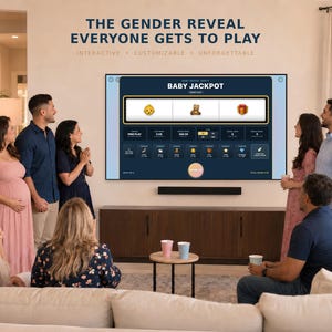 以下が含まれることがあります： 壁掛けの大型テレビ画面に表示されたデジタルベビー性別発表ゲーム。画面にはBABY JACKPOTと題されたスロットマシンのインターフェースが表示され、赤ちゃん、テディベア、ギフトボックスのアイコンが並んでいます。上部のテキストにはTHE GENDER REVEAL EVERYONE GETS TO PLAYと書かれています。