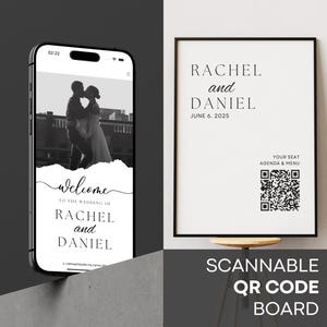 Digitaler Sitzplan Canva Template | QR-Code Willkommensschild, Menü & Programm | Ihren Platz sofort finden | Hochzeit Tischnummern inklusive