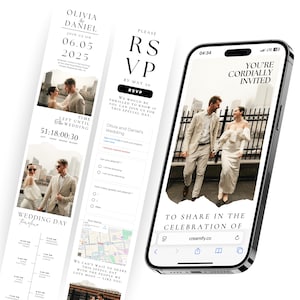 Site Web de RSVP de mariage modifiable avec compte à rebours, formulaire de RSVP avec suivi, carte et chronologie - Modèle d'invitation numérique pour les mariées - Personnaliser Canva