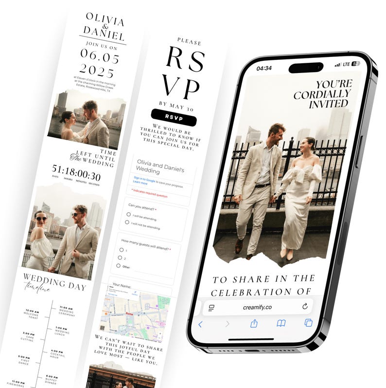 Op de afbeelding: Een digitale trouwuitnodigingssuite met een RSVP-formulier, een tijdlijn en een smartphone met een website. De uitnodiging bevat de namen Olivia & Daniel, de datum 06.05.2025 en een countdown timer. Het smartphonescherm leest "U bent van harte uitgenodigd."