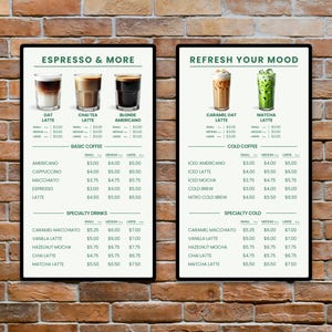 Puede incluir: Un tablero de men&uacute; con fondo verde y texto blanco que enumera bebidas de caf&eacute; y precios. El men&uacute; est&aacute; dividido en secciones para espresso, caf&eacute; b&aacute;sico, bebidas especiales, refresca tu estado de &aacute;nimo, caf&eacute; fr&iacute;o y fr&iacute;o especial. Los precios est&aacute;n en euros.