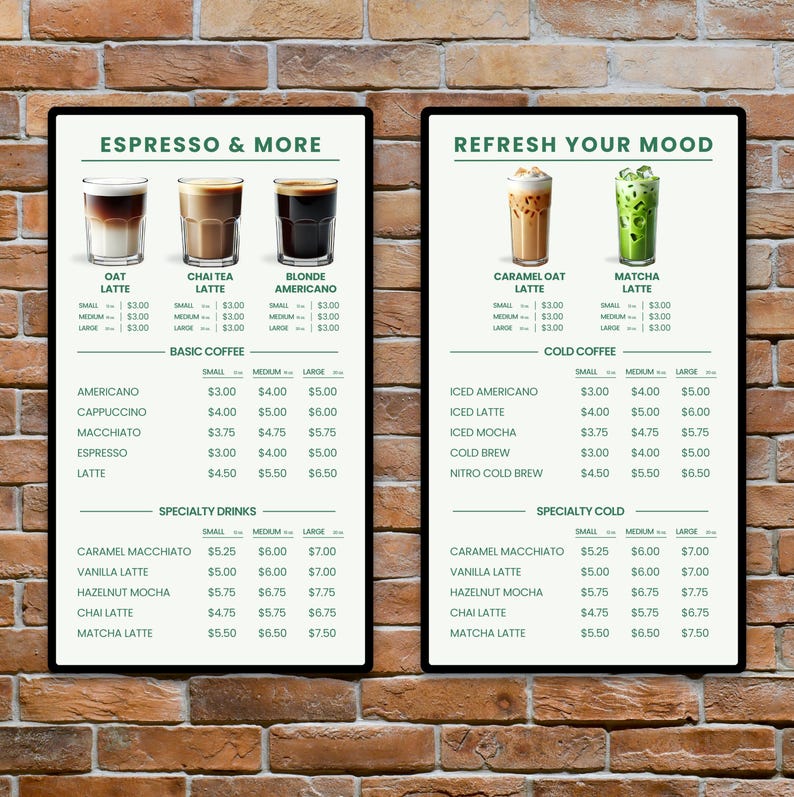 Puede incluir: Un tablero de men&uacute; con fondo verde y texto blanco que enumera bebidas de caf&eacute; y precios. El men&uacute; est&aacute; dividido en secciones para espresso, caf&eacute; b&aacute;sico, bebidas especiales, refresca tu estado de &aacute;nimo, caf&eacute; fr&iacute;o y fr&iacute;o especial. Los precios est&aacute;n en euros.