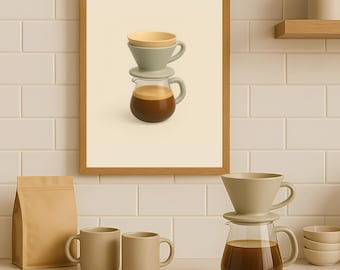 Minimalist Pour Over Coffee Print: Neutral Kitchen Cafe Art (Digital Download)