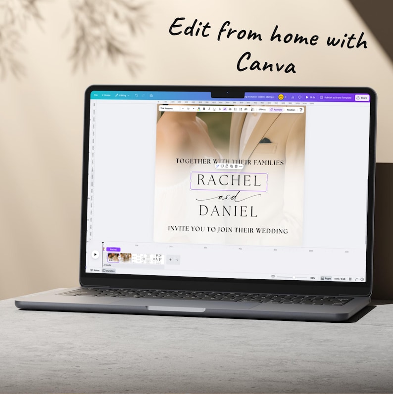May include: A laptop displaying a wedding invitation design, edited with Canva. The invitation features the names "Rachel and Daniel" and the text "Invite you to join their wedding." The screen also shows editing tools.