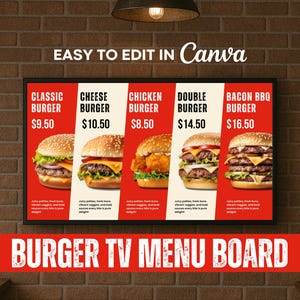 4K Burger TV Menüleiste Vorlage | Digitale Fast Food-Speisekarte für Restaurants | Animiertes & bearbeitbares Canva Design für USB-Display