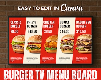 Digital Menu Board for Burger Shop | Fast Food Combo Meal Screen | Animated Restaurant Price List & TV Signage | 4K Canva Template