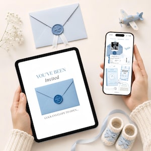 Baby Shower Adventure Awaits Blue Website Template, Travel Theme RSVP Evite (Digital Download)