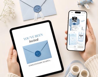 Baby Shower Adventure Awaits Blue Website Template, Travel Theme RSVP Evite (Digital Download)