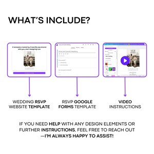 Op de afbeelding: Een afbeelding met de tekst "WHAT'S INCLUDE?" toont een trouw RSVP website sjabloon, een RSVP Google Forms sjabloon en video-instructies. De tekst vermeldt ook "IF YOU NEED HELP WITH ANY DESIGN ELEMENTS OR FURTHER INSTRUCTIONS, FEEL FREE TO REACH OUT - I'M ALWAYS HAPPY TO ASSIST!"