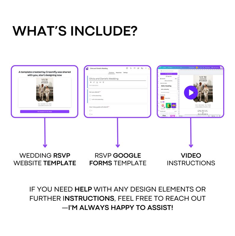 Op de afbeelding: Een afbeelding met de tekst "WHAT'S INCLUDE?" toont een trouw RSVP website sjabloon, een RSVP Google Forms sjabloon en video-instructies. De tekst vermeldt ook "IF YOU NEED HELP WITH ANY DESIGN ELEMENTS OR FURTHER INSTRUCTIONS, FEEL FREE TO REACH OUT - I'M ALWAYS HAPPY TO ASSIST!"