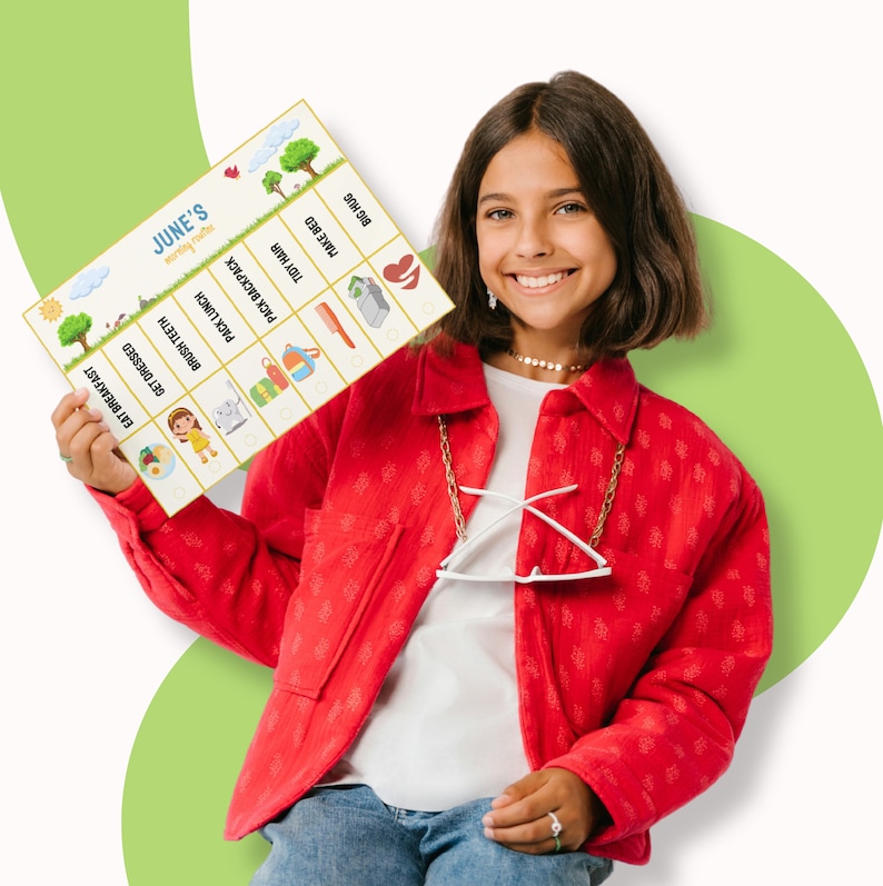 Pode incluir: Uma pessoa jovem segurando uma lista de verifica&ccedil;&atilde;o colorida com o t&iacute;tulo "JUNE'S Morning Routine". A lista de verifica&ccedil;&atilde;o inclui tarefas como "Eat Breakfast", "Get Dressed", "Brush Teeth", "Pack Lunch", "Pack Backpack", "Tidy Hair", "Make Bed" e "Big Hug".
