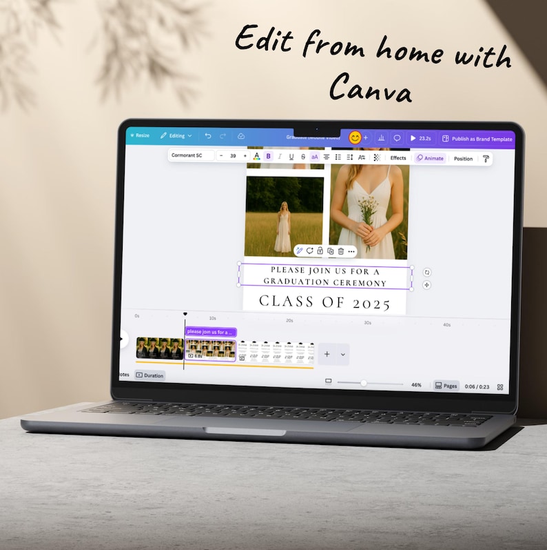 May include: A laptop screen displaying a Canva design template for a graduation ceremony invitation. The template features two photos of women in white dresses, a purple banner with the text "PLEASE JOIN US FOR A GRADUATION CEREMONY", and the text "CLASS OF 2025".
