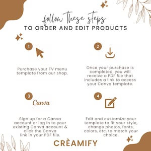 Puede incluir: Un infogr&aacute;fico blanco con texto marr&oacute;n e iconos que describen cuatro pasos para pedir y editar productos. Los pasos son: 1. Compra tu plantilla de men&uacute; de TV en nuestra tienda. 2. Una vez que se complete tu compra, recibir&aacute;s un archivo PDF que incluye un enlace para acceder a tu plantilla de Canva. 3. Reg&iacute;strate en una cuenta de Canva o inicia sesi&oacute;n en tu cuenta de Canva existente y haz clic en el enlace de Canva en tu archivo PDF. 4. Edita y personaliza tu plantilla para que se ajuste a tu estilo, cambia las fotos, las fuentes, los colores, etc. para que coincidan con tu elecci&oacute;n. El texto "CR&Egrave;AMIFY" est&aacute; en la parte inferior del infogr&aacute;fico.