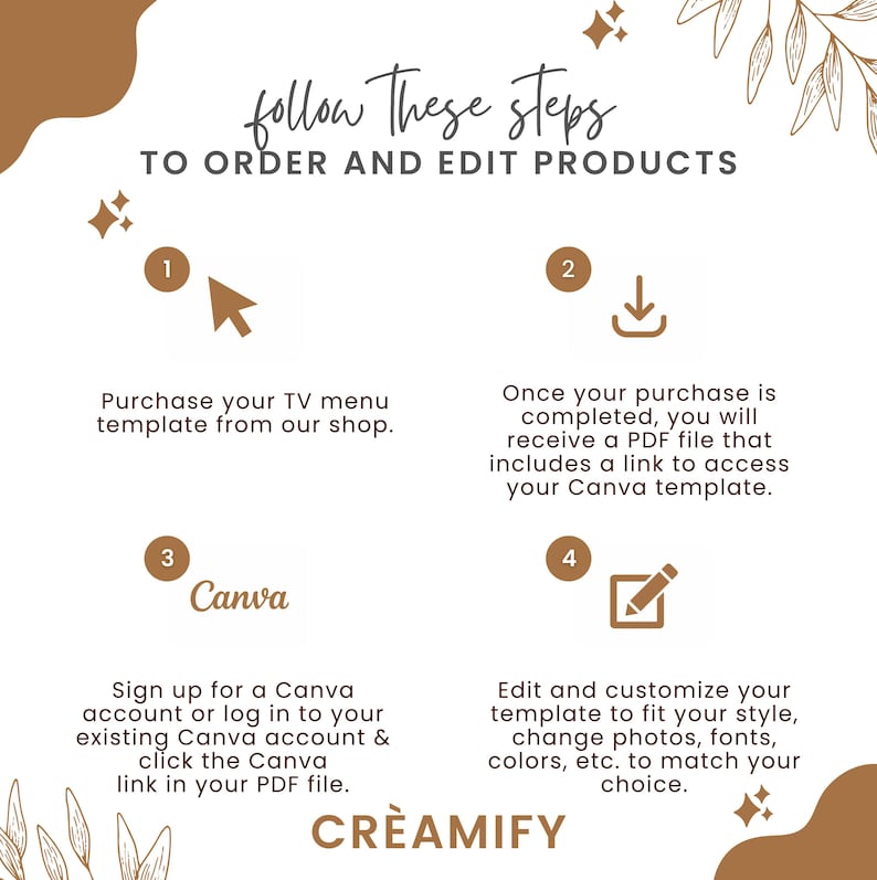 Puede incluir: Un infogr&aacute;fico blanco con texto marr&oacute;n e iconos que describen cuatro pasos para pedir y editar productos. Los pasos son: 1. Compra tu plantilla de men&uacute; de TV en nuestra tienda. 2. Una vez que se complete tu compra, recibir&aacute;s un archivo PDF que incluye un enlace para acceder a tu plantilla de Canva. 3. Reg&iacute;strate en una cuenta de Canva o inicia sesi&oacute;n en tu cuenta de Canva existente y haz clic en el enlace de Canva en tu archivo PDF. 4. Edita y personaliza tu plantilla para que se ajuste a tu estilo, cambia las fotos, las fuentes, los colores, etc. para que coincidan con tu elecci&oacute;n. El texto "CR&Egrave;AMIFY" est&aacute; en la parte inferior del infogr&aacute;fico.