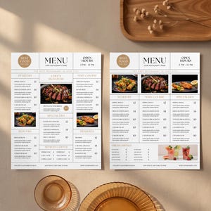 Puede incluir: Dos plantillas de menú de restaurante blancas con texto negro, diseños de cuadrícula y fotografías de comida. Los menús incluyen secciones para entrantes, platos principales, especialidades y postres, con espacios para nombres y horarios.