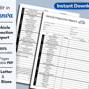 Vehicle Inspection Report Form: Printable Checklist (PDF Digital Download)