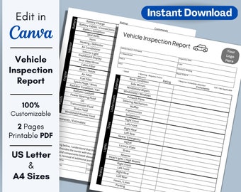 Vehicle Inspection Report Form: Printable Checklist (PDF Digital Download)