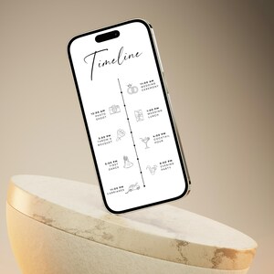 May include: A smartphone displays a wedding timeline with the word "Timeline" at the top. The timeline includes times for the ceremony, photo shoot, lunch, bouquet toss, first dance, cocktail hour, evening party, and carriages.