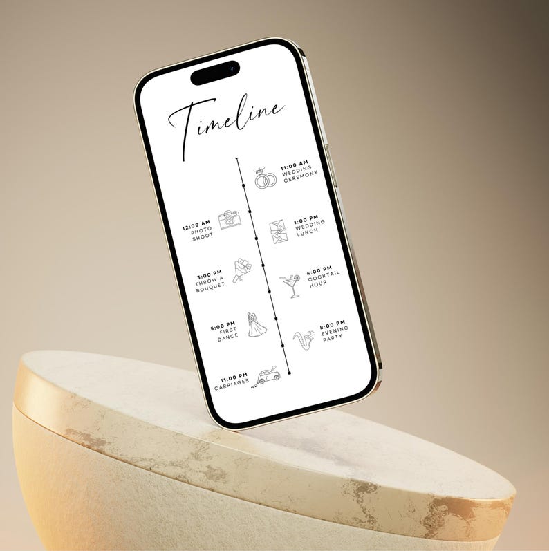 May include: A smartphone displays a wedding timeline with the word "Timeline" at the top. The timeline includes times for the ceremony, photo shoot, lunch, bouquet toss, first dance, cocktail hour, evening party, and carriages.