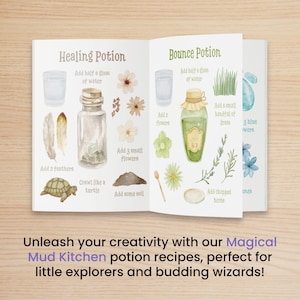 May include: An open book with two pages showing recipes for Healing Potion and Bounce Potion. The recipes include ingredients like water, flowers, feathers, soil, grass, and herbs. The book has a watercolor illustration style.