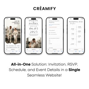 Op de afbeelding: Vier smartphones tonen details van een trouwwebsite. De eerste toont een uitnodiging, de tweede een RSVP, de derde een formulier en de vierde een dagschema van de bruiloft. De tekst luidt: "Alles-in-&eacute;&eacute;n oplossing: Uitnodiging, RSVP, Schema en evenementdetails in een enkele naadloze website!"