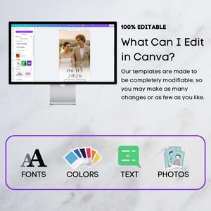 May include: A computer monitor displays a Canva template with a wedding photo and date. Text reads "100% Editable" and "What Can I Edit in Canva?" with options for fonts, colors, text, and photos. The image is on a white background.