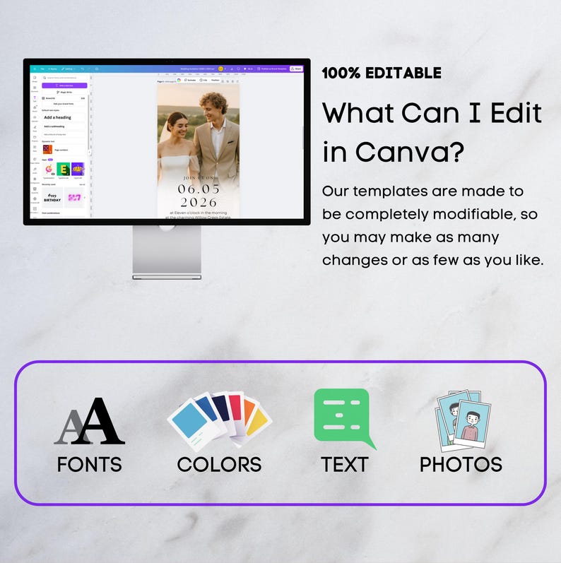 May include: A computer monitor displays a Canva template with a wedding photo and date. Text reads "100% Editable" and "What Can I Edit in Canva?" with options for fonts, colors, text, and photos. The image is on a white background.