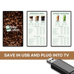 Puede incluir: Un men&uacute; digital con un fondo marr&oacute;n que presenta granos de caf&eacute;. El men&uacute; muestra una lista de bebidas de caf&eacute; y precios para espresso, caf&eacute; b&aacute;sico, bebidas especiales, caf&eacute; fr&iacute;o y bebidas fr&iacute;as especiales. El men&uacute; tambi&eacute;n incluye im&aacute;genes de bebidas de caf&eacute;. El texto en la parte inferior del men&uacute; dice "Guardar en USB y conectar a la TV".