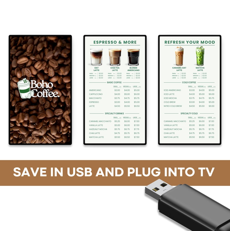 Puede incluir: Un men&uacute; digital con un fondo marr&oacute;n que presenta granos de caf&eacute;. El men&uacute; muestra una lista de bebidas de caf&eacute; y precios para espresso, caf&eacute; b&aacute;sico, bebidas especiales, caf&eacute; fr&iacute;o y bebidas fr&iacute;as especiales. El men&uacute; tambi&eacute;n incluye im&aacute;genes de bebidas de caf&eacute;. El texto en la parte inferior del men&uacute; dice "Guardar en USB y conectar a la TV".