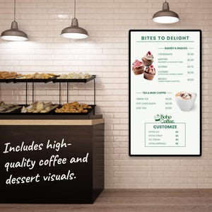 Puede incluir: Un tablero de men&uacute; digital con el texto "BITES TO DELIGHT" en la parte superior. El men&uacute; enumera art&iacute;culos de panader&iacute;a como croissants, muffins, scones, galletas y bagels. Tambi&eacute;n enumera bebidas de t&eacute; y no caf&eacute; como t&eacute; verde, chocolate caliente y t&eacute; helado. El men&uacute; tambi&eacute;n incluye una secci&oacute;n para personalizar bebidas con opciones como hielo adicional, jarabe adicional, helado y espresso adicional.