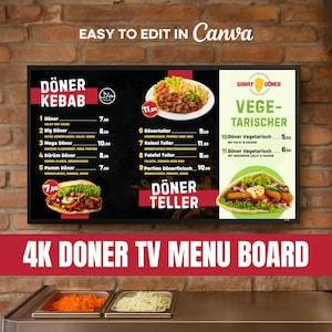4K Döner Kebab TV Menü Vorlage | Digitale Halal Speisekarte für Imbiss & Restaurant | Editierbares Canva Template