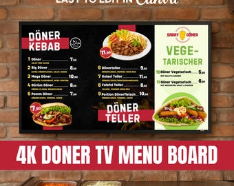 4K Döner Kebab TV Menü Vorlage | Digitale Halal Speisekarte für Imbiss & Restaurant | Editierbares Canva Template