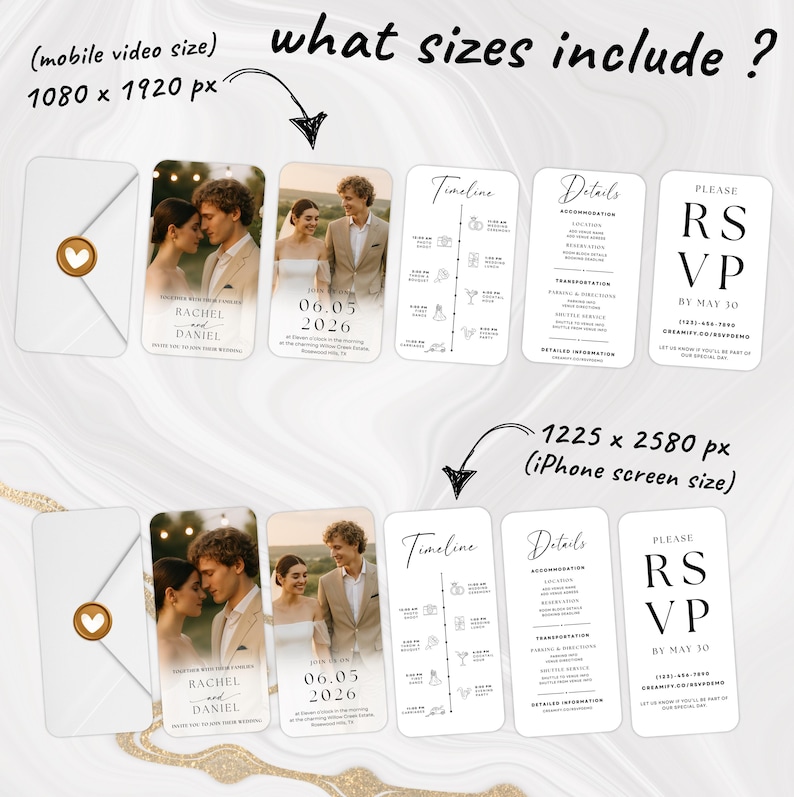 May include: A collection of wedding invitation templates in a minimalist design. The templates include RSVP cards, timeline cards, and details cards. The invitations feature photos of a couple and the names "Rachel and Daniel" with the date "06.05.2026". The image also shows the sizes available.