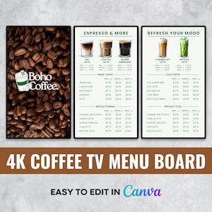 Plantilla de menú vertical editable para cafetería en TV 4K: descarga digital animada personalizable para cafeterías, restaurantes, food trucks y autoservicios.