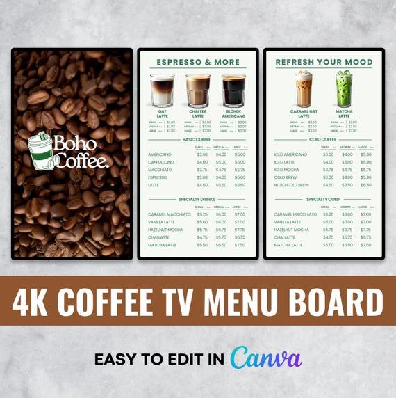 Coffee Shop TV Menu Board | Animated Cafe Price List (Canva Template)
