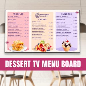 Tablero de menú digital de postres / Menú de televisión de helados, gofres, crepes y batidos / Plantilla de Canva editable para cafeterías, panaderías y lecherías / Diseño rosa