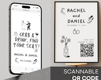 QR-code tafelkaart bruiloft | Bewerkbare digitale Canva-website (digitale download)