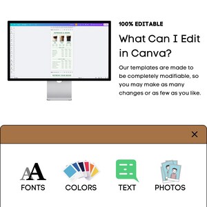 Puede incluir: Una pantalla de ordenador que muestra una plantilla de dise&ntilde;o de Canva para un men&uacute; de caf&eacute;. La plantilla presenta una lista de bebidas de espresso con precios y un gr&aacute;fico de tazas de caf&eacute;. El texto "Refresh Your Mood" est&aacute; en la parte inferior de la plantilla. La pantalla est&aacute; rodeada por un borde blanco y un fondo azul claro. El texto "100% Editable" se muestra en texto negro sobre un fondo blanco. El texto "What Can I Edit in Canva?" se muestra en texto negro sobre un fondo blanco. El texto "Our templates are made to be completely modifiable, so you may make as many changes or as few as you like." se muestra en texto negro sobre un fondo blanco. Debajo del texto, hay cuatro iconos: una letra "A" en un c&iacute;rculo negro, una paleta de colores, una burbuja de di&aacute;logo con tres l&iacute;neas y una imagen de dos fotos. El texto "FONTS", "COLORS", "TEXT" y "PHOTOS" se muestra debajo de los iconos.