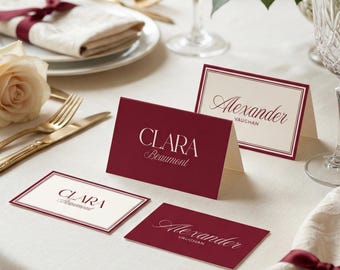Burgundy Wedding Place Cards, Editable Tented Name Cards, Folded Seating Card