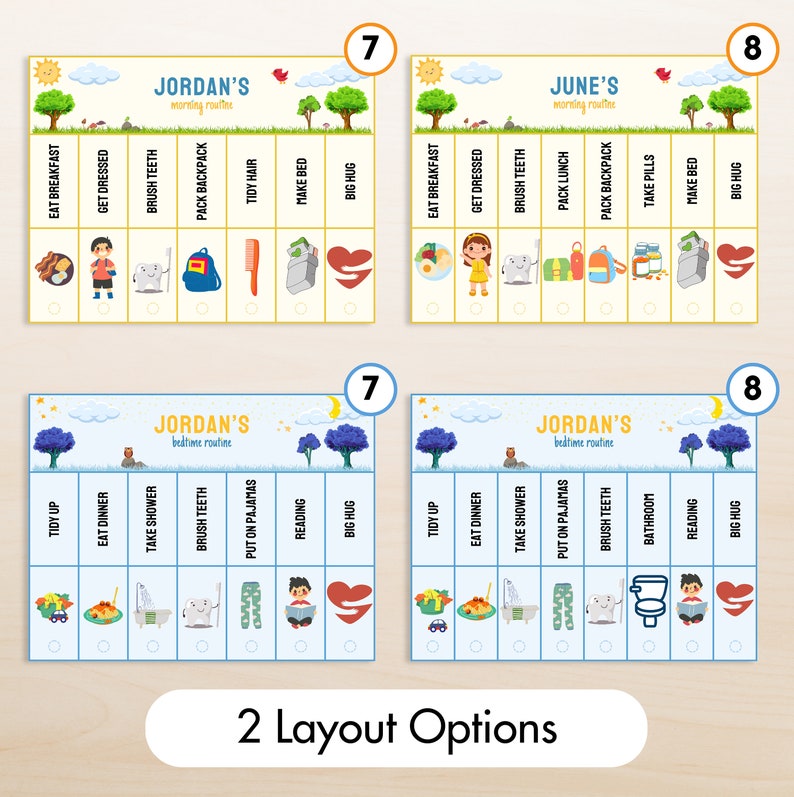 Pode incluir: Duas op&ccedil;&otilde;es de layout diferentes para um gr&aacute;fico de tarefas imprim&iacute;vel para crian&ccedil;as. O gr&aacute;fico tem um fundo azul com uma imagem de desenho animado de uma crian&ccedil;a para cada tarefa. O gr&aacute;fico &eacute; rotulado como "JORDAN'S" e "JUNE'S" com as palavras "rotina matinal" e "rotina de dormir".