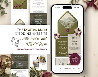 Olive Green Wedding Website Template with Music | Burgundy Animated Invitation | Mobile Embedded RSVP Site