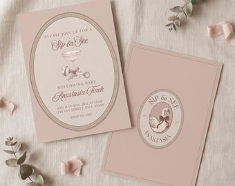 Sip and See Blush Pink Coquette Invitation, Editable Swan Baby Welcome Canva Template