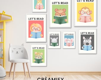 Animal Reading Prints, Nursery Wall Art Set (Digital Download)