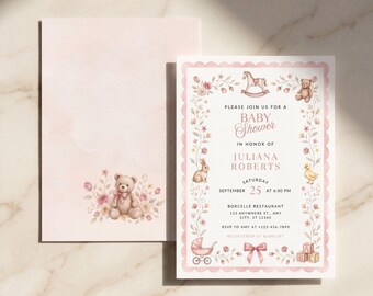 Pink Floral Baby Girl Shower Invitation Template, Watercolor Teddy Bear & Rocking Horse Editable Invite