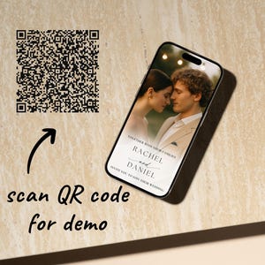May include: A smartphone displays a wedding invitation with the names Rachel and Daniel. The phone is on a light-colored surface, with a QR code and the text "scan QR code for demo".