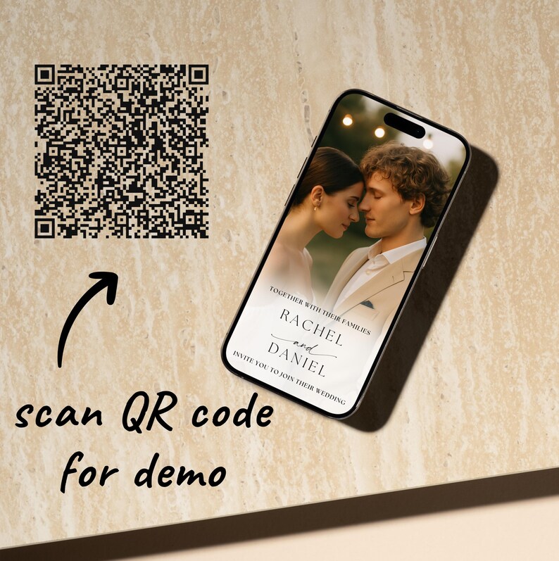 May include: A smartphone displays a wedding invitation with the names Rachel and Daniel. The phone is on a light-colored surface, with a QR code and the text "scan QR code for demo".